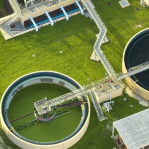 Aerial view of modern water cleaning facility at urban wastewater treatment plant